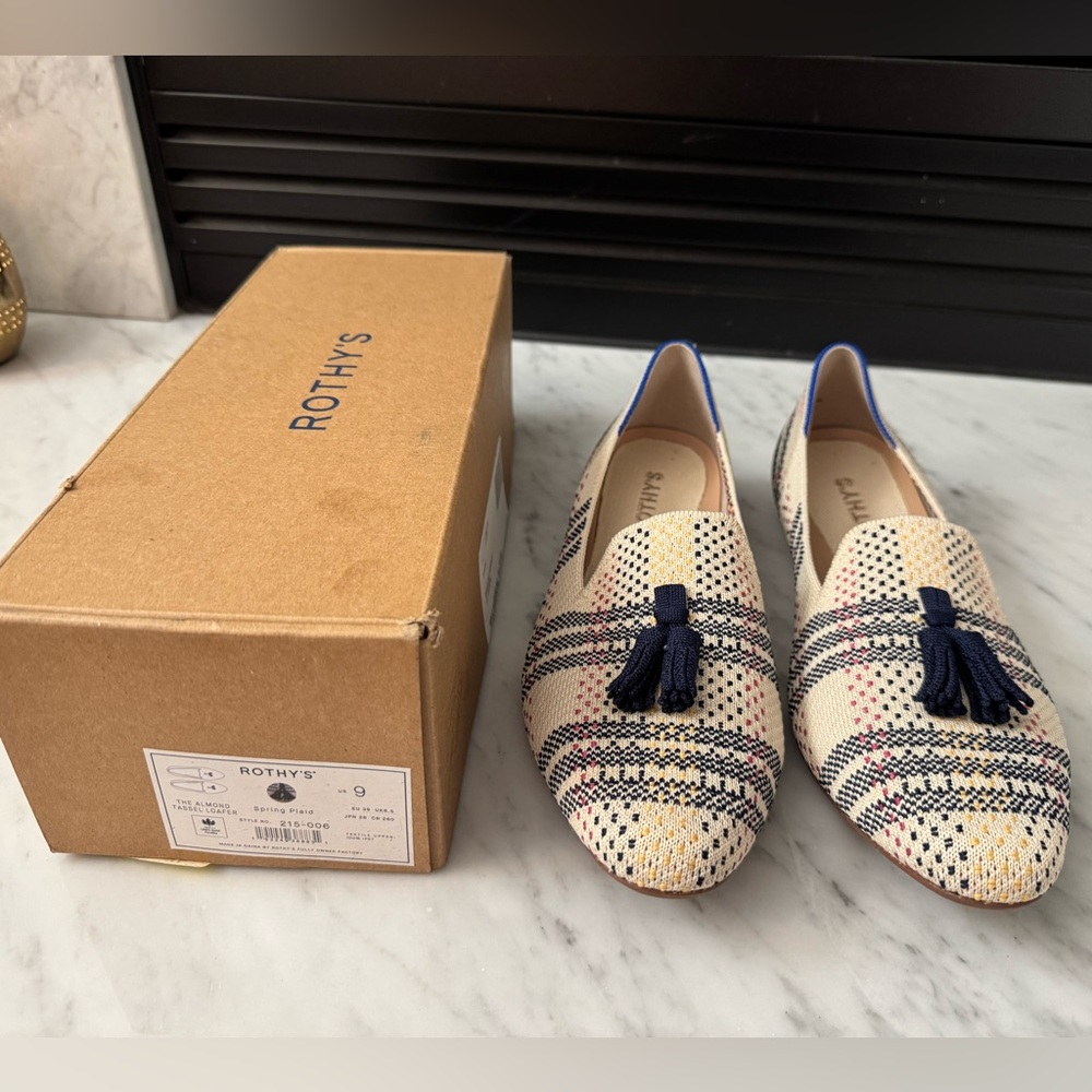 Rothy's Plaid Tassel Loafers - Cream, Black, Blue